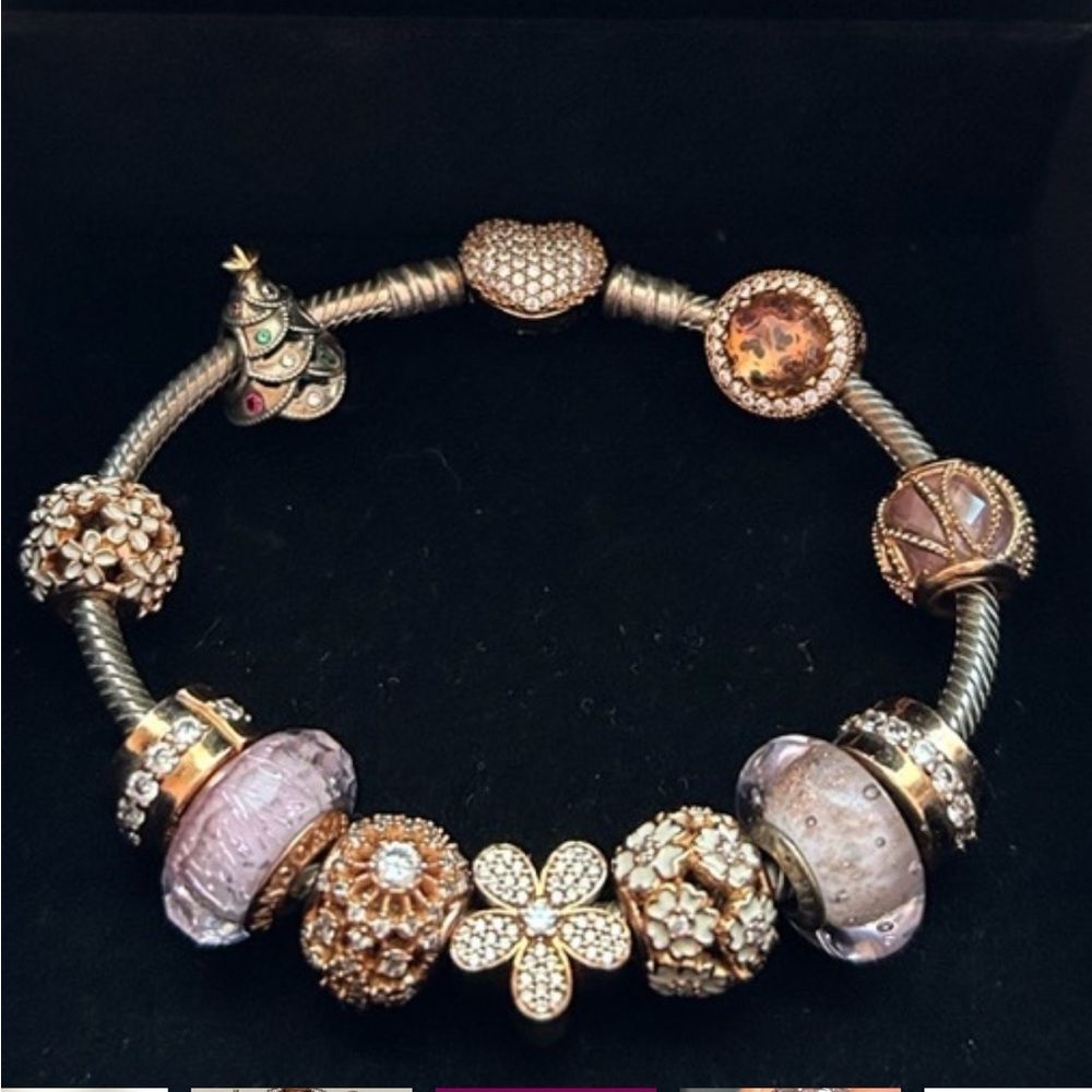PANDORA Gold & Silver Snake Clasp Charm Bracelet with 11 unique charms